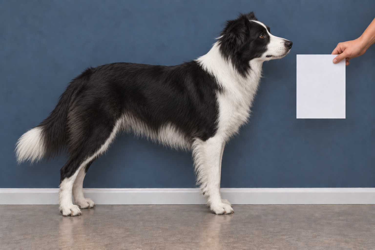 Incorrect example: a Border Collie in profile beside reference paper with a corner covered by a hand