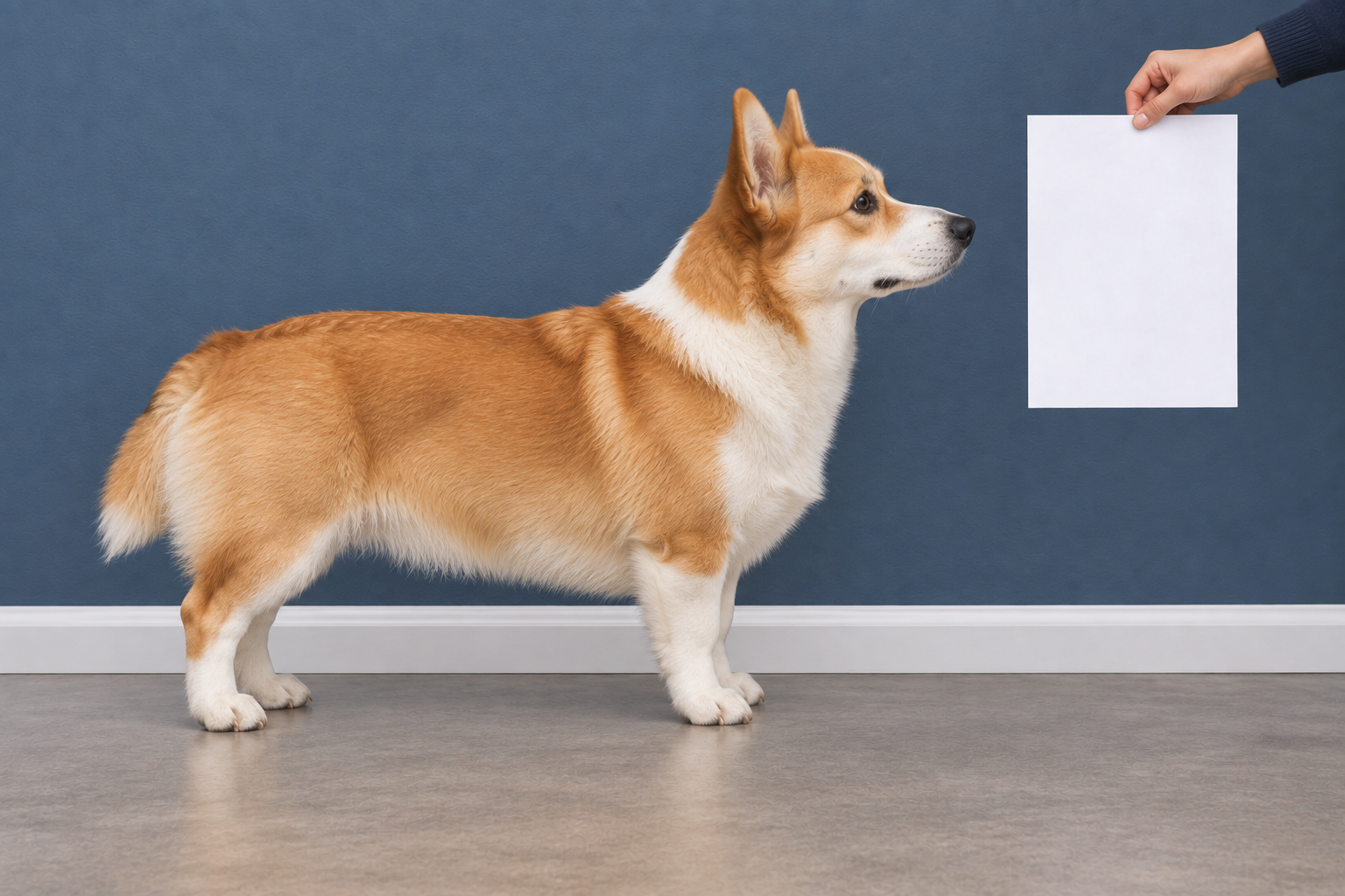 Standing dog with upright paper beside its head, separated by a gap at the same camera distance