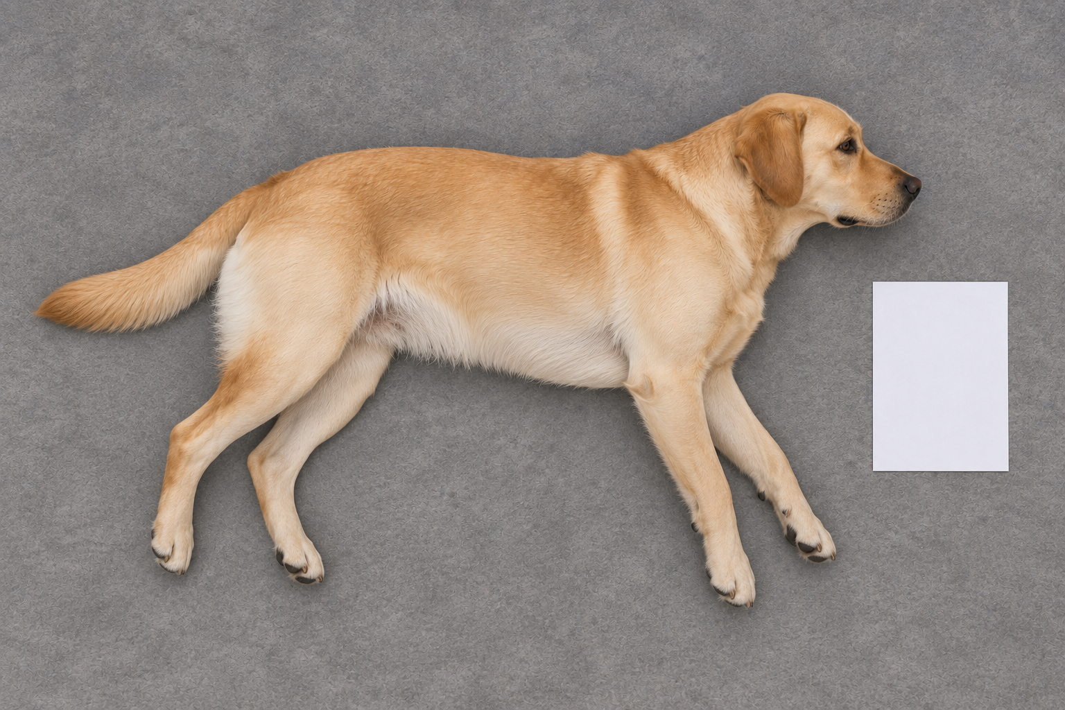 Overhead view of a dog lying on its side, body straight, with a flat paper beside it