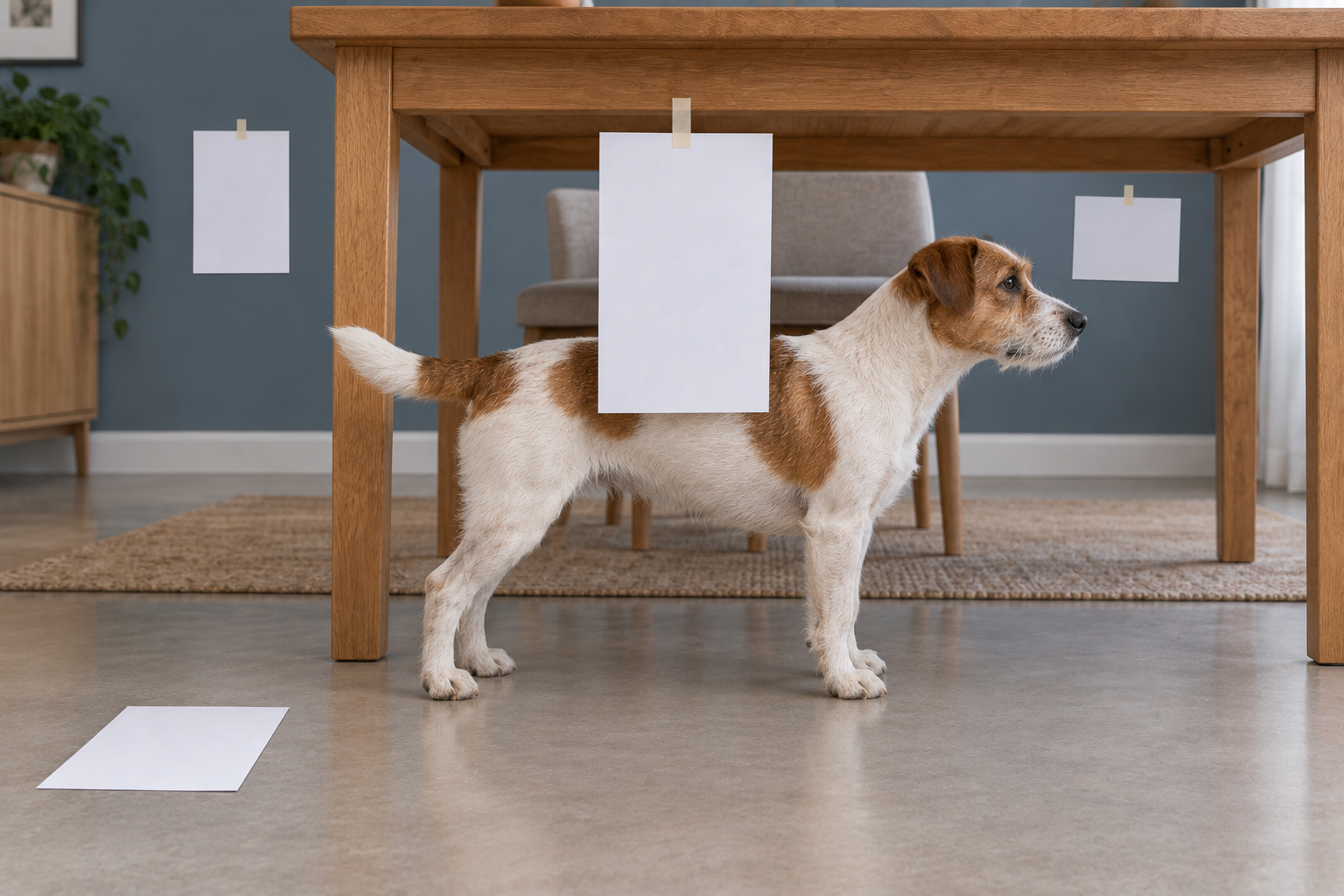 Jack Russell standing in profile under a table, with a flat reference sheet hanging beside it from the table edge, plus spare sheets farther away on the wall and floor
