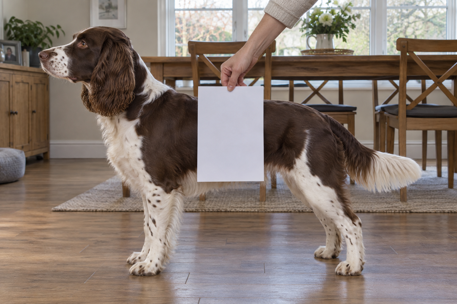 Try the tool with a sample Spaniel photo: side profile with all four paper corners visible